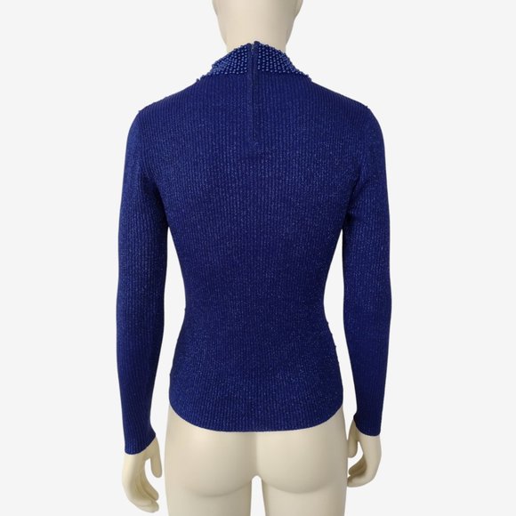 Vintage 1980s Blue Metallic Silk Beaded Stretch Knit Mock Neck Sweater - Picture 6 of 12